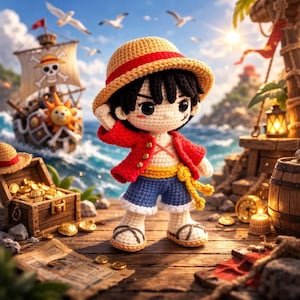 Könnte beinhalten: Gehäkelte Luffy-Puppe mit Strohhut, roter Jacke, blauen Shorts und Sandalen, steht auf einem Holzsteg. Ein Piratenschiff segelt im Hintergrund, mit einer Schatzkiste und einer Karte. Die Szene spielt an einem sonnigen Tag.
