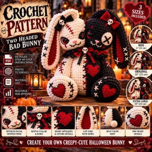 Virkmönster för tvåhövdade kaniner, gotisk Halloween-kanin i PDF-format, läskig söt amigurumi-kanin, stygg kanin, direktnedladdning