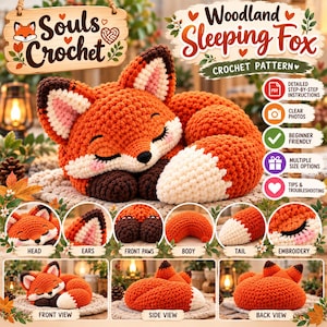 Può includere: Uno schema all'uncinetto per una volpe addormentata, con un peluche in filato arancione brillante e bianco con zampe marrone scuro. L'immagine include i testi Souls Crochet e Woodland Sleeping Fox, insieme a foto circolari che mostrano testa, orecchie, zampe, corpo, coda e dettagli del ricamo da diverse angolazioni.
