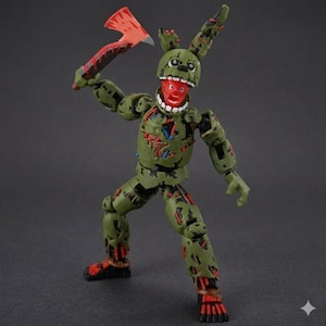 May include: A green action figure of a rabbit-like character with a red interior and a menacing expression. The figure holds a red axe with blood-like details, and has a tattered appearance, suggesting a horror theme.
