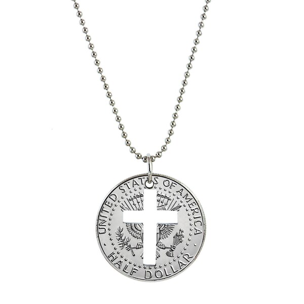 JFK Presidential Seal Cut Out Cross Half Dollar Coin Necklace Silvertone Ball Chain