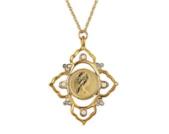 Queen Elizabeth II 1/2 New Penny Coin Victorian Style Goldtone Pendant
