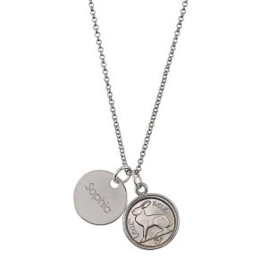 Irish Threepence Rabbit Coin with Personalized Disc Charm Silvertone Pendant Necklace