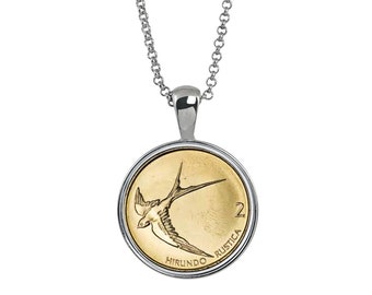 Barn Swallow Coin Pendant Silvertone Necklace