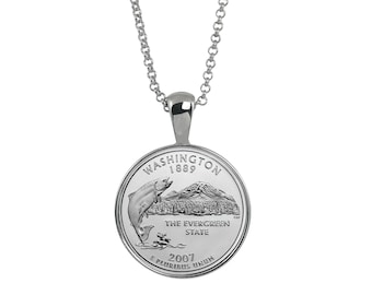 Statehood Quarter Silver Tone Coin Pendant Necklace- Choose Your State