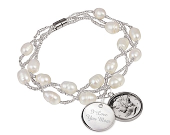 I Love You Mom Charm and Mercury Dime Fresh Water Pearl Coin Bracelet