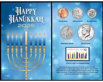 2025 Hanukkah Stamp and Coin Collectible Greeting Card USA JFK Half Dollar