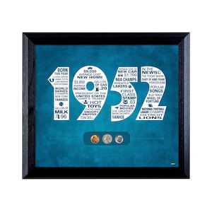 May include: A framed blue and white poster with the number 1952 in large white numbers. The number is filled with text and images from the year 1952, including the average cost of a new home, the average cost of a gallon of gas, the president of the United States, and the popular songs of the year. The poster is framed in a black frame.