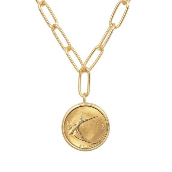 Barn Swallow Bird Solvenia Coin Goldtone Paper Clip Necklace