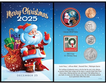 2025 Santa Coin Collectible Greeting Card USA JFK Half Dollar, First Christmas Stamp