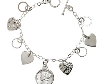 Heart Charm Sterling Silver Coin Bracelet with Silver US Dime