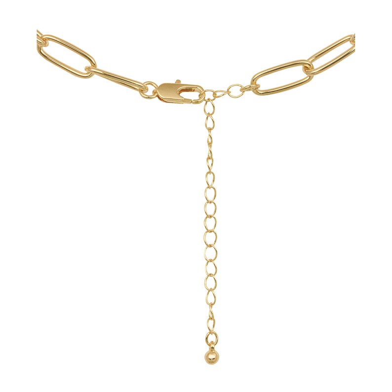 K&ouml;nnte beinhalten: Eine goldene Kettenkette mit einem Karabinerverschluss und einer Verl&auml;ngerungskette. Die Kette besteht aus ovalen Gliedern.