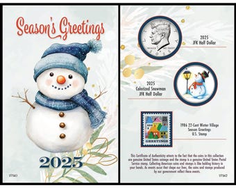 2025 Snowman Coin and Stamp Collectible JFK Half Dollar Keepsake Greeting Card