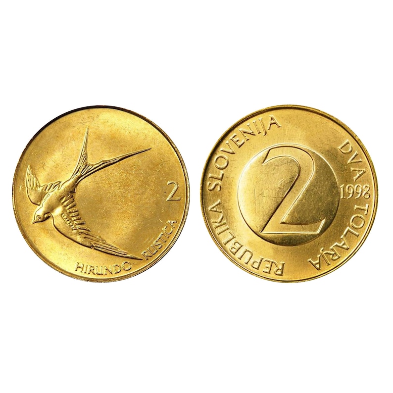 K&ouml;nnte beinhalten: Eine slowenische 2-Tolar-M&uuml;nze in Gold mit dem Jahr 1998 auf der Vorderseite und einer Schwalbe auf der R&uuml;ckseite.