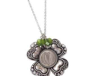 Irish Threepence Four Leaf Clover and Green Heart Charm Pendant