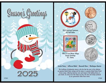 Snowman Coin Collectible Greeting Card USA JFK Half Dollar, First Christmas Stamp