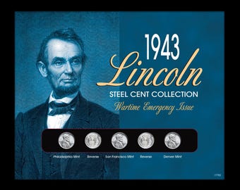 1943 Lincoln Steel Penny Coin Collection Wartime Emergency Issue in Frame