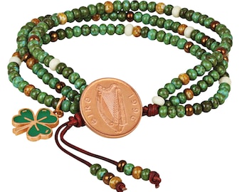 Irish Penny Coin Shamrock Charm Lucky Leather Multi Strand Czech Bead Bracelet