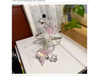 ROSALEN Arm Cuff Bracelet | Pink Floral Butterfly Arm Jewelry | Romantic Fairy Upper Arm Cuff | Handmade Statement Arm Band | Jewlingvn