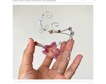 MIRETHA-armmanchet | Pruimroze gebloemde wijnstokarmmanchetarmband | Handgemaakt Fairycore-statement armmanchet cadeau voor haar | Jewlingvn