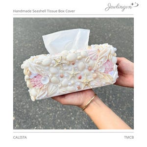 CALISTA Handmade Seashell Tissue Box Cover | Natural Shell Tissue Holder with Starfish & Pearls | Beach House Home Accent | Jewlingvn