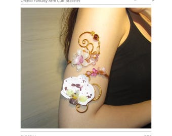 Brazalete tipo puño con orquídeas FLORINA / Joyería floral dorada para la parte superior del brazo / Pieza elegante y distintiva hecha a mano / Jewlingvn