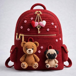 Puede incluir: Una mochila roja de ganchillo con cremalleras doradas, adornada con un oso de peluche y un pug. La mochila presenta un dije de llave y detalles en forma de corazón. Pequeñas flores rosas salpican la superficie.
