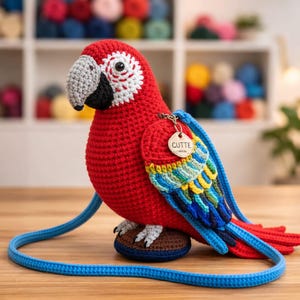 May include: A handmade, red crochet parrot with a blue strap. The parrot has a white and black beak, gray head, and colorful wings. A small tag with the word "CUTTE" hangs from the wing. The parrot is sitting on a brown base.