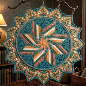 May include: A large, round, handcrafted crochet wall hanging. The piece features a central starburst design in shades of white, orange, and green, surrounded by a teal blue border with intricate floral patterns. The outer edge has a scalloped design.