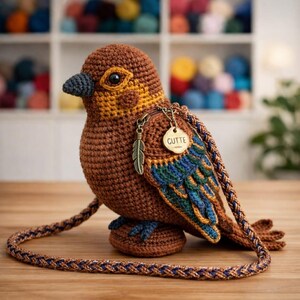 May include: A brown crocheted bird-shaped purse with yellow and blue accents. The bird has a dark gray beak and eye, with a braided strap. A small tag with the word "CUTTE" hangs from the purse.
