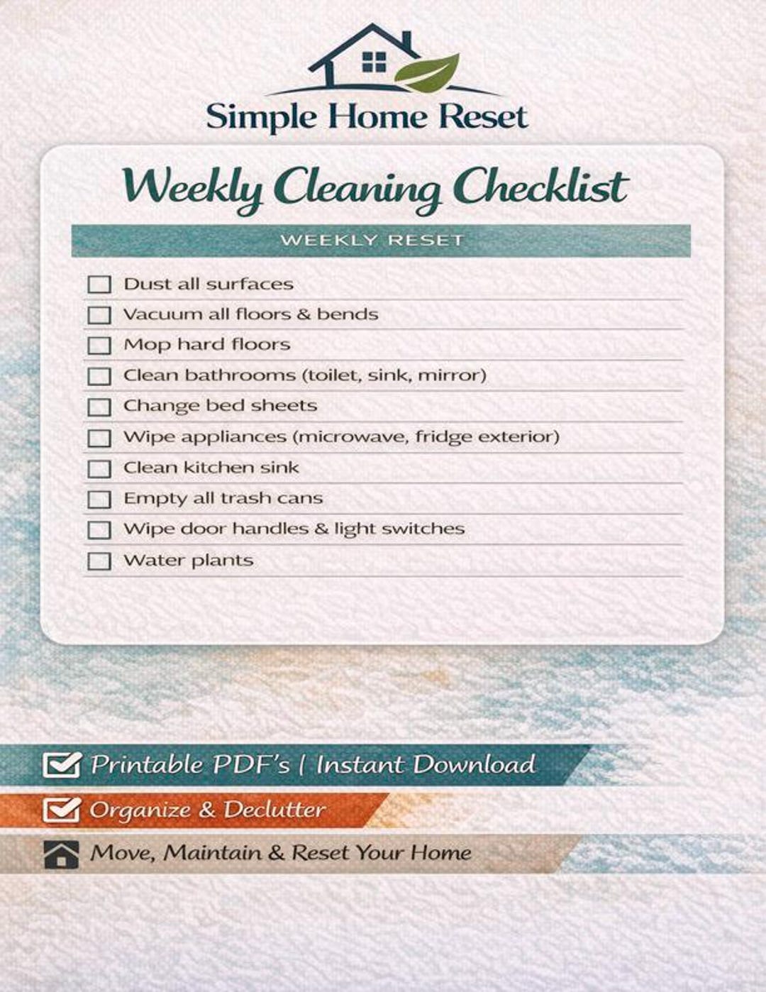 Weekly Cleaning Checklist Printable | Simple Home Reset | Instant ...