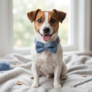 May include: A Jack Russell Terrier sits, wearing a blue crocheted bow tie collar with a wooden button closure. The dog has brown and white fur and is smiling. A ball of blue yarn, buttons, and a crochet hook are nearby.