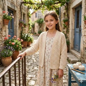 May include: A young person wearing a cream-colored, open-weave cardigan over a floral print dress. The cardigan has a square neckline and long sleeves. The person is holding a small bouquet of flowers and standing in a stone-paved alleyway with potted plants.