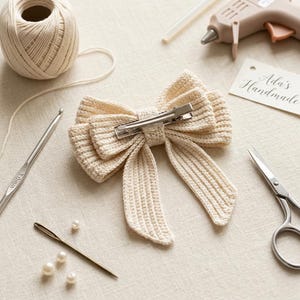 May include: A cream-colored, crocheted bow hair clip with a silver metal clip. The bow is surrounded by crafting supplies, including a ball of yarn, a crochet hook, scissors, a needle, pearls, a glue gun, and a tag that reads "Ada's Handmade."