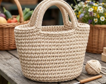 May include: A beige, hand-crocheted tote bag with sturdy handles. The bag is made of thick yarn, showcasing a tight stitch pattern. The bag is sitting on a wooden surface, with other baskets and flowers in the background.