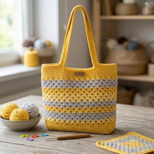 Puede incluir: Bolso tote tejido a ganchillo en amarillo y gris con un patrón de rayas y dos asas. La bolsa tiene una pequeña etiqueta "handmade". También se ven un cuenco de hilo amarillo, ganchillos y un pequeño posavasos cuadrado. Altura aproximada: 30 cm.