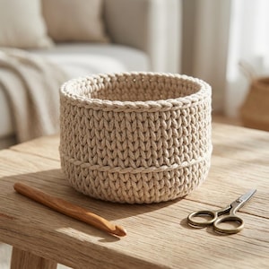 May include: A beige, hand-crocheted basket with a cylindrical shape. The basket is made of thick yarn and has a textured appearance. A wooden crochet hook and small scissors are next to the basket on a wooden surface.