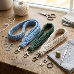 Puede incluir: Tres cordones de ganchillo hechos a mano en azul claro, verde oscuro y crema, cada uno con un cierre de metal. Los cordones se muestran con herramientas de ganchillo, incluyendo un ganchillo, un dedal y unas tijeras, sobre una superficie de madera.