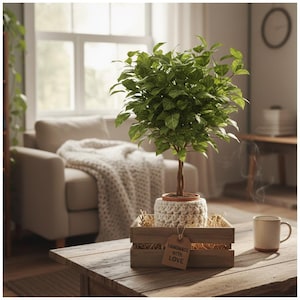 以下が含まれることがあります： 鮮やかな緑の葉を持つ小さな鉢植えの木が、手作りのオフホワイトのかぎ針編みの鉢に入っています。「HANDMADE WITH LOVE」と書かれたタグが付いた木箱に入っています。素朴な木製のテーブルにはコーヒーカップが置かれています。