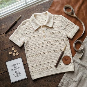 Può includere: Polo all'uncinetto color crema a maniche corte con colletto e bottoni in legno. La camicia è esposta su una superficie di legno con uncinetti, bottoni e un metro a nastro. Una scheda recita "PATTERN & KIT MOCKUP: THE CLASSIC POLO."