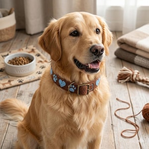 May include: A golden retriever wearing a brown collar with blue paw prints and hearts. The dog sits on a wooden floor, with a dog bowl and a blanket in the background. The collar has a metal buckle.