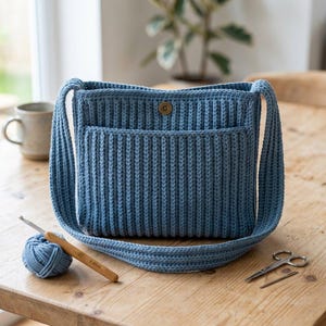 May include: A blue crochet shoulder bag with a front pocket and a long strap. The bag has a ribbed texture and a circular clasp. A ball of blue yarn, a crochet hook, and scissors are on the wooden table.