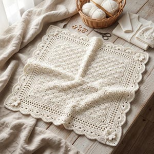 Modernt 3D-virkmönster för babyfilt – Lyxig textur med elegant blommig kant