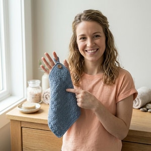 Op de afbeelding: Een blauwe gehaakte handdoek met een lus en een houten knoopsluiting. De handdoek heeft een getextureerde uitstraling en is ontworpen voor gebruik in een badkamer of keuken. De handdoek is ongeveer 25 cm lang.
