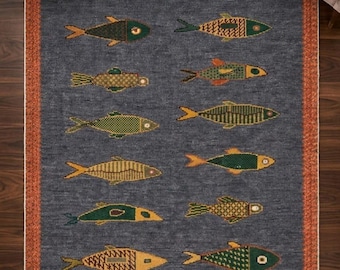 Hand Knotted Fish Runner Rug, Wool Coastal Runner, Nautical Hallway , Ocean Carpet Decor.