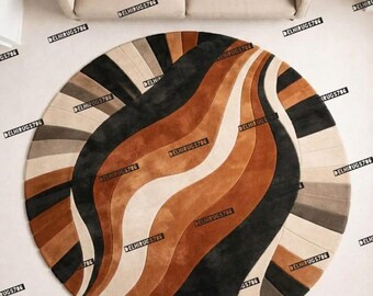 Abstract Round Wool Rug, Earth Tone Wave Carpet, Handmade Circular Living Room Rug.