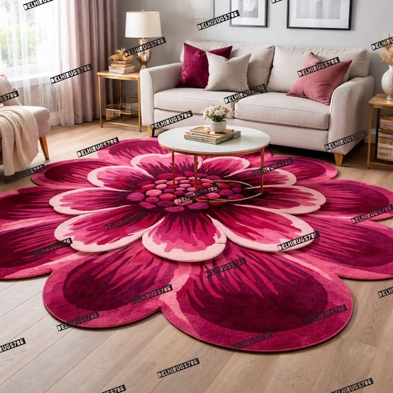 Pink Flower Shaped Rug, Large Floral Area Rug, Daisy Petal Carpet.