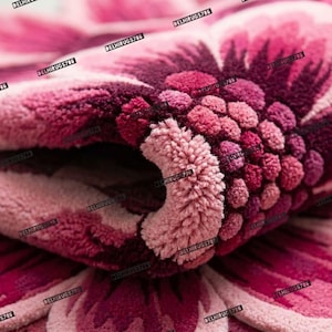 May include: Close-up of a plush, floral-shaped rug in shades of pink and burgundy. The rug features a detailed, textured design with a central cluster of small, rounded tufts, resembling a flower's center. The petals are a gradient of pink hues.
