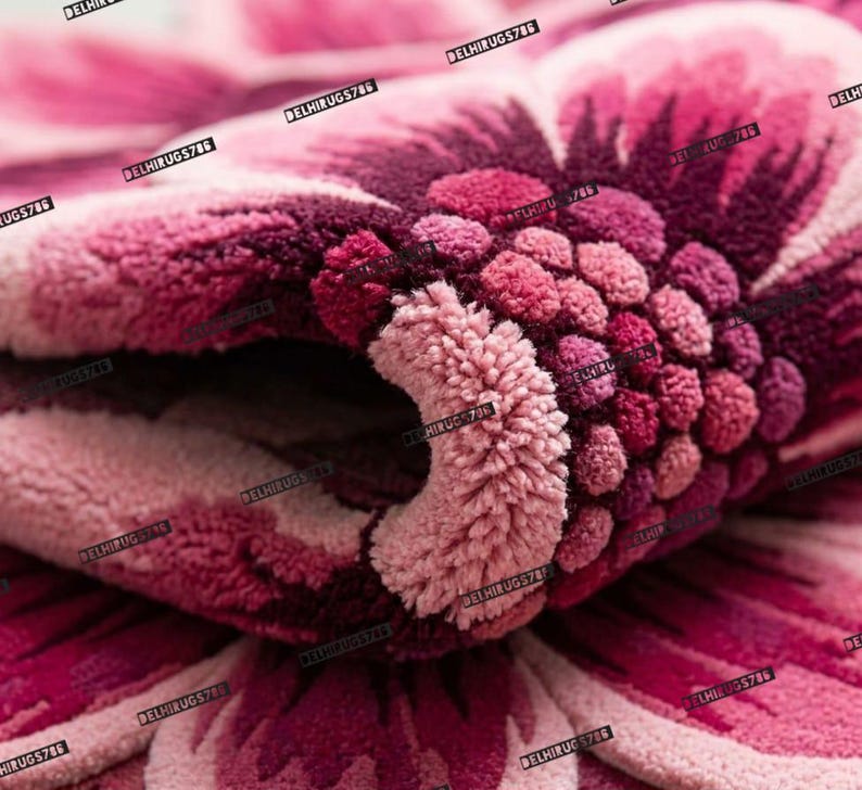 May include: Close-up of a plush, floral-shaped rug in shades of pink and burgundy. The rug features a detailed, textured design with a central cluster of small, rounded tufts, resembling a flower's center. The petals are a gradient of pink hues.