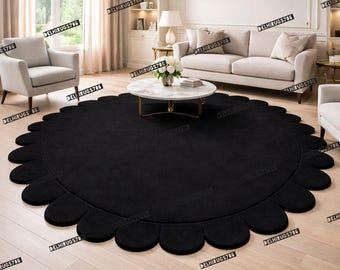 Black Scalloped Round Rug, Flower Edge Area Rug, Modern Minimalist Living Room carpet.
